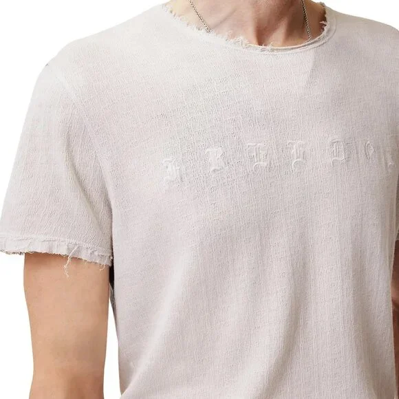John Varvatos Men's Freedom Embroidered SS Crew T-Shirt Frayed Raw Edges Salt S